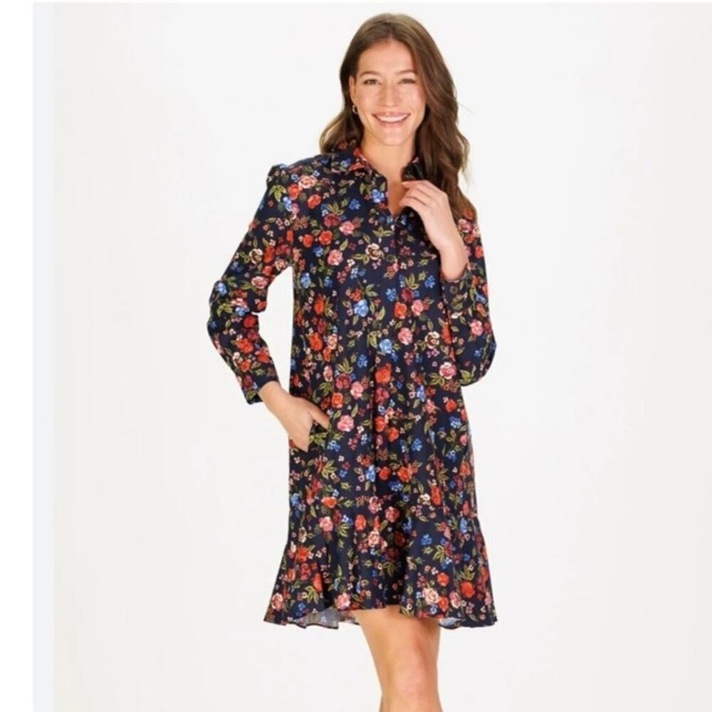 Duffield Lane Iris Shirt Dress Ruffle Hem in Navy Blue 100% Cotton Women's Large - Picture 2 of 16